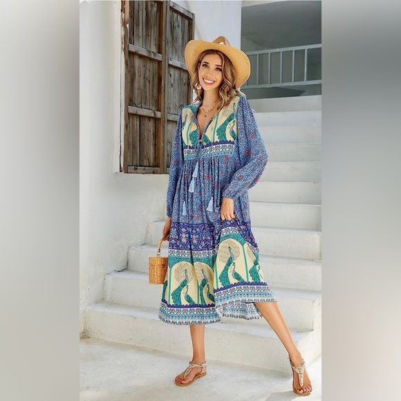 NWOT Bohemian Floral Midi Dress with V Neck and double tie tassel front - Picture 4 of 6